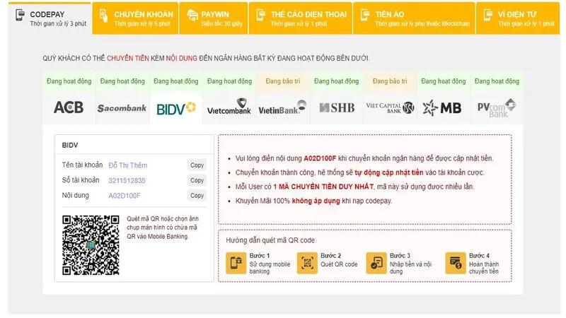Sử dụng Codepay để nạp tiền tại Five88