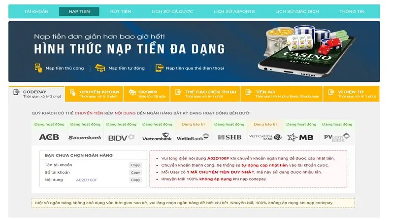 Nạp tiền Five88 đơn giản hơn bao giờ hết với đa dạng cổng thanh toán