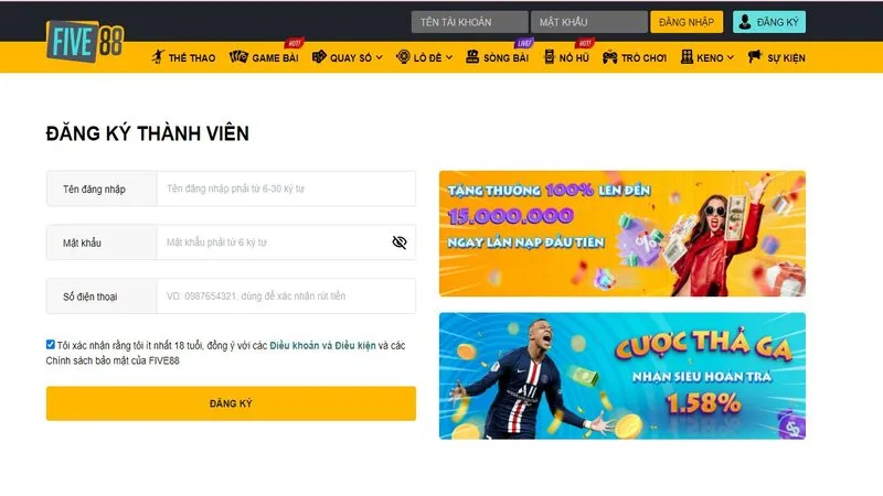 Đăng ký thành viên tại Five88