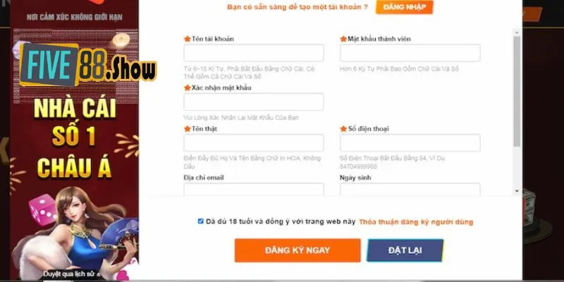 Hướng dẫn đăng ký Five88 qua máy tính cho Tân Thủ